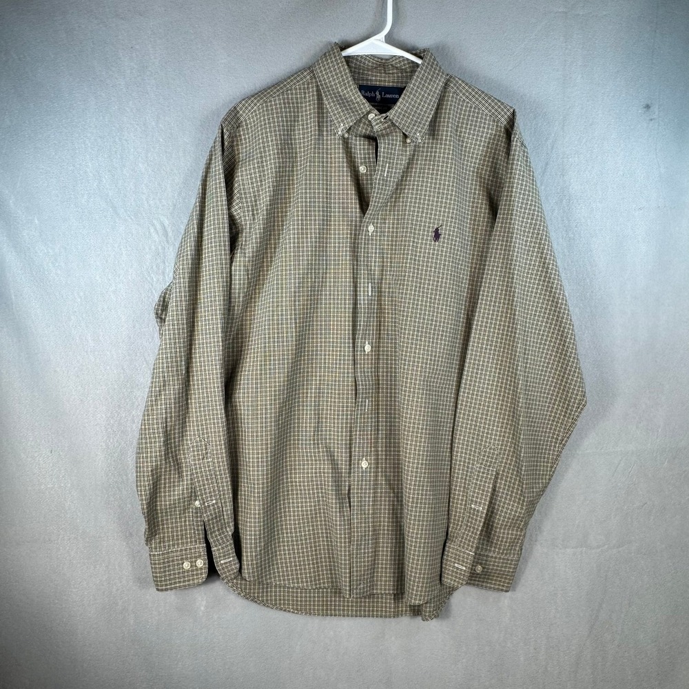 Ralph Lauren Classic Fit Plaid Button Down Shirt Mens 16.5 L Brown Cotton Pony